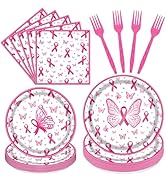 Gameza Breast Cancer Awareness Decorations Tableware, 96PCS Pink Ribbons Breast Cancer Awareness ...