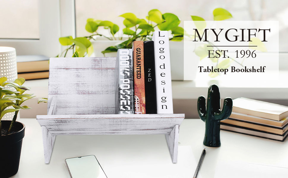 MyGift Rustic Vintage Whitewash Wooden Tilted Bookcase, Desktop Decorative Storage