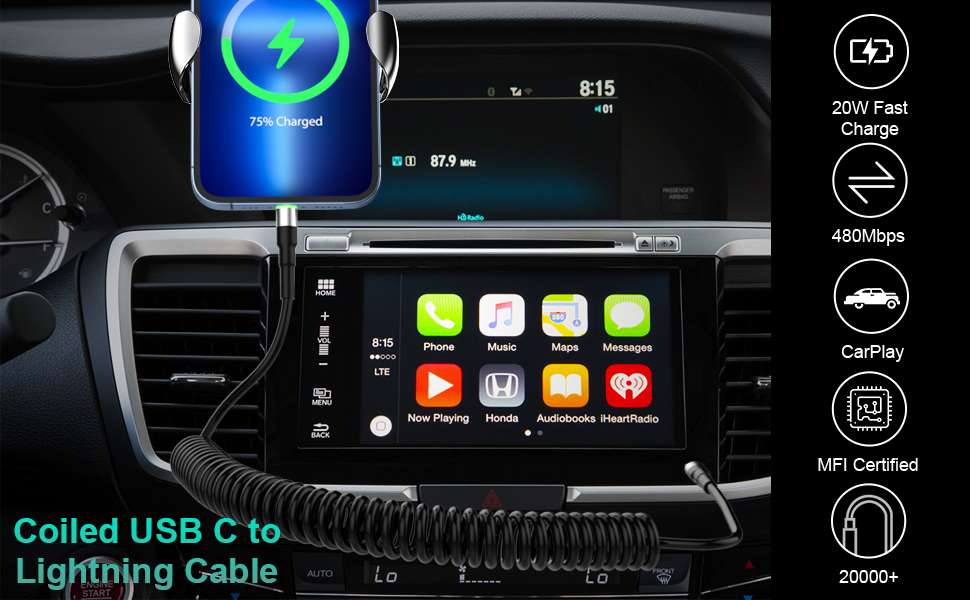 Coiled USB C to Lightning Cable with Apple Caplay, Coiled iPhone Charger Cable [MFi Certified