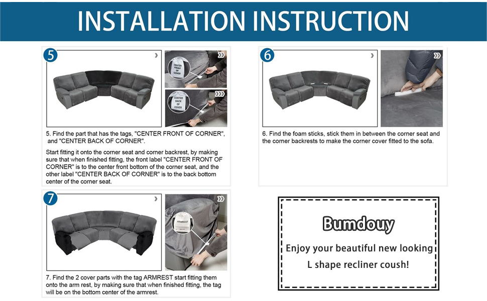 Bumdouy 7 Piece L Shape Sectional Recliner Sofa Covers, 5