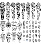 48 Sheets Tribal Black Temporary Tattoos, 8 Sheets Full Arm Waterproof Mandala Fake Tattoo Sticke...