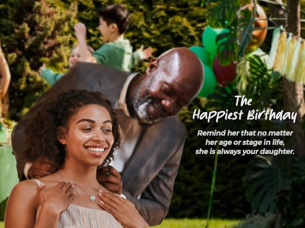father putting a necklace dad to daughter gift around her neck