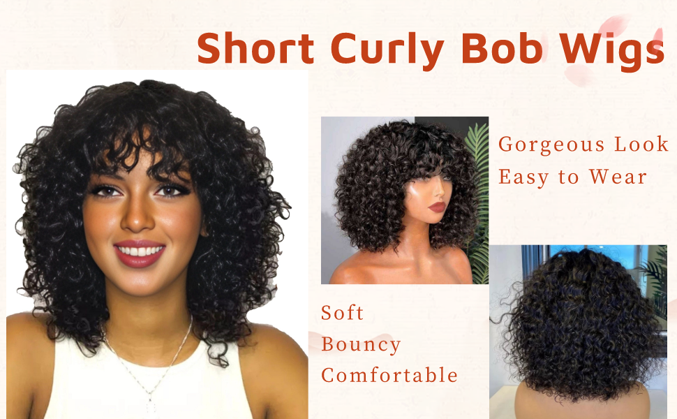 Ulaphence Wear and Go Curly Bob Human Hair Wig with Bangs Glueless Full Machine