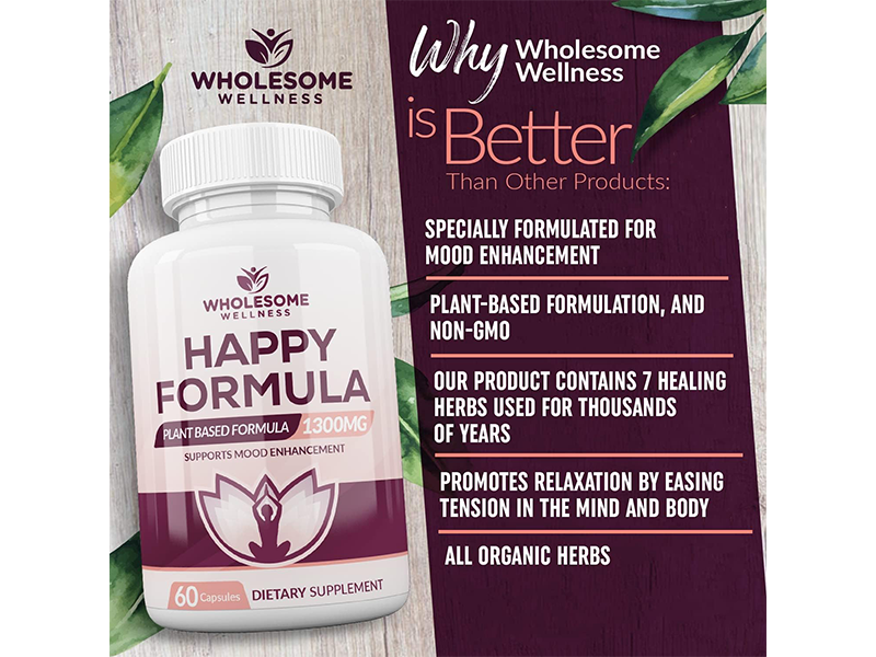 Wholesome Wellness Happy Formula Natural Stress Formula Relief Supplement for Women & Men