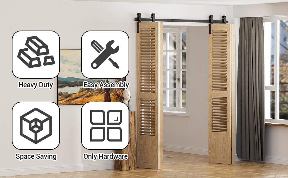 Scheunentor aus Holz mit Lamellenpaneelen auf Schiebebahn. Vier Symbole heben die Merkmale hervor: robust, einfach zu montieren, platzsparend und nur Hardware im Lieferumfang enthalten.