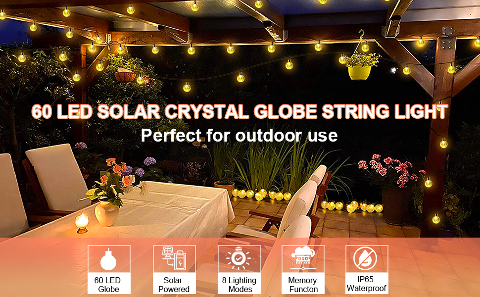 Liyade Solar Outdoor String Lights Waterproof, 60 LED 33ft Solar