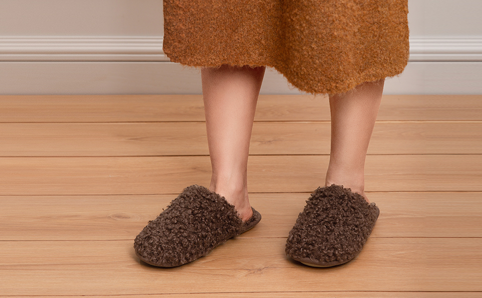 Snug Leaves Women's Scuff Slippers Furry Cute Curly Faux Wool Slip-on Indoor Memory Foam House Shoes 25 1