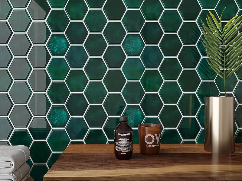 VaryPaper Green Marble Hexagon 3D Tile Stickers 30.5cmx30.5cm 6 Pieces