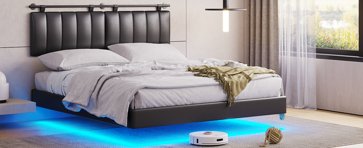 DICTAC Queen Floating Bed Frame with LED Lights and Wall