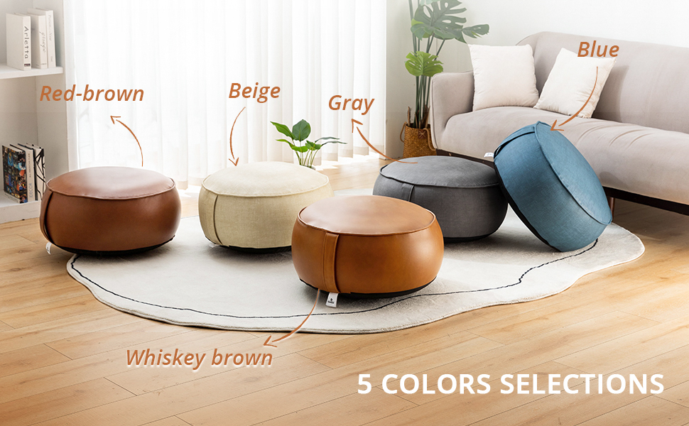 LUE BONA Stuffed Pouf Ottoman, Round Faux Leather Pouf