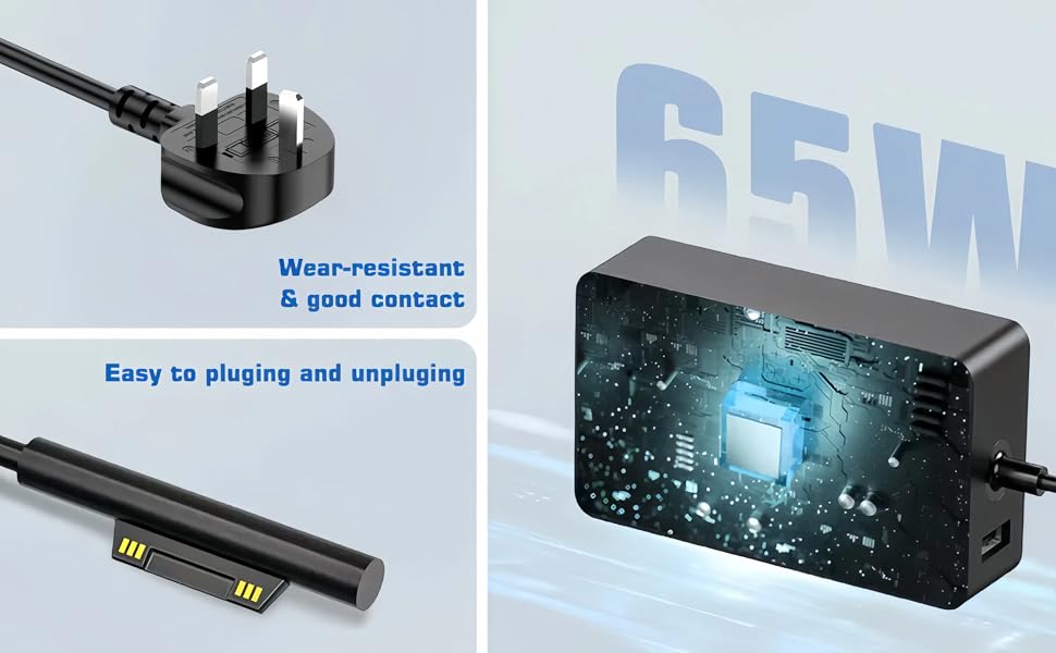 65W power adapter with black rectangular body and attached cable. Features include wear-resistant cord and easy plug-unplug design, as shown in text and images.