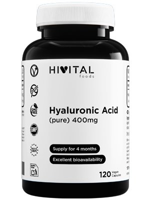 Le texte se lit comme suit : « Acide hyaluronique HIVITAL 400 mg 120 gélules ». Flacon de supplément noir avec étiquette blanche indiquant les informations sur le produit et les détails posologiques.