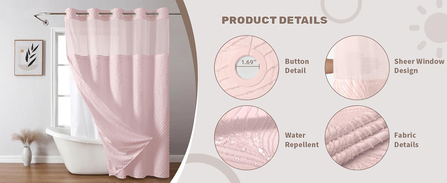 Amazon.com: eachope no hook shower curtain and liner set，Boho Style - Hookless Shower Curtain For Shower Stall