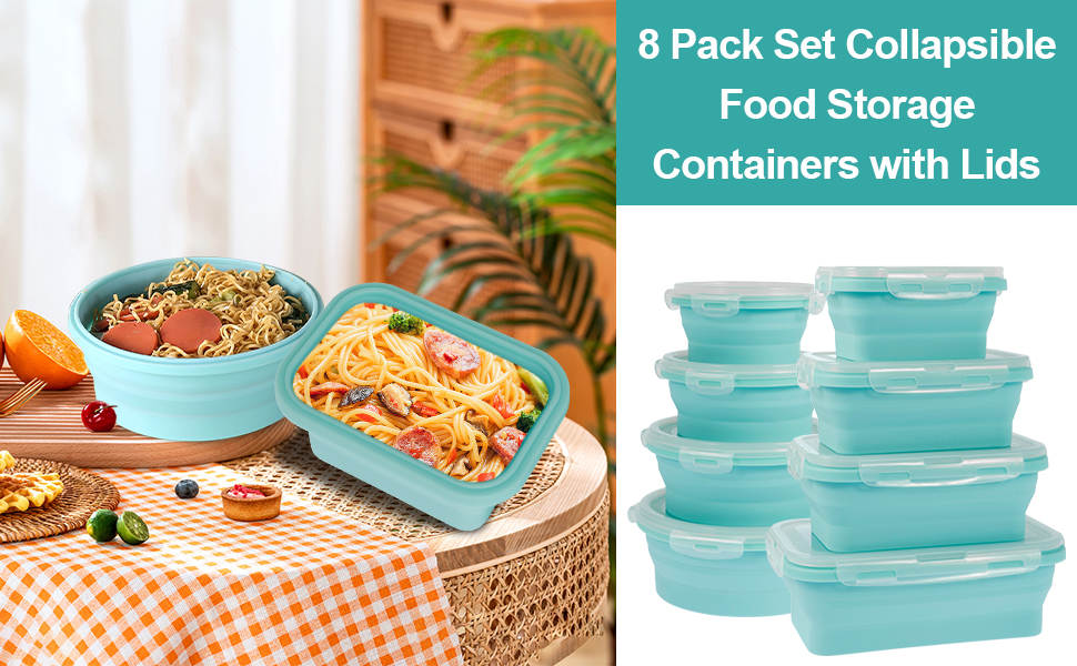 8 Pack Set Collapsible Food Storage Containers with Lids Reusable