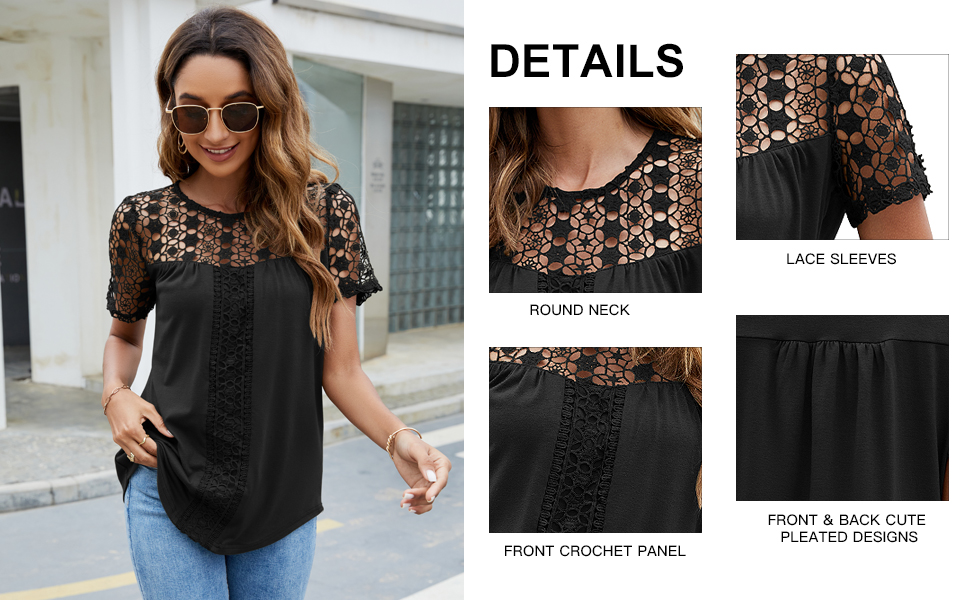Womens Lace Crochet Tops Summer Casual Cute Eyelet Shirts Lace Short Sleeve Blouse Tunic Tops