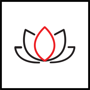 Minimalistisches Lotusblumen-Logo-Design. Blütenblätter mit schwarzem Umriss und rotem Blütenblatt in der Mitte auf weißem Hintergrund