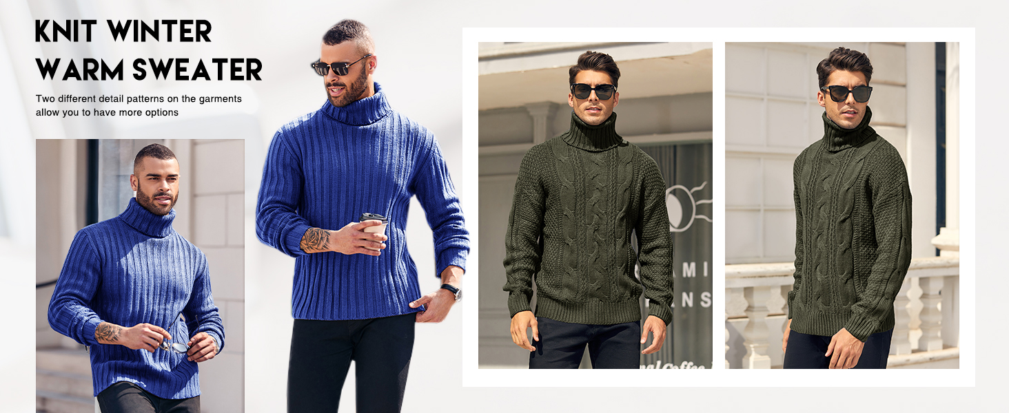 Mens Sweaters Turtleneck Cable Knitted Pullover Long Sleeve Slim Fit Chunky Casual Warm Cardigans