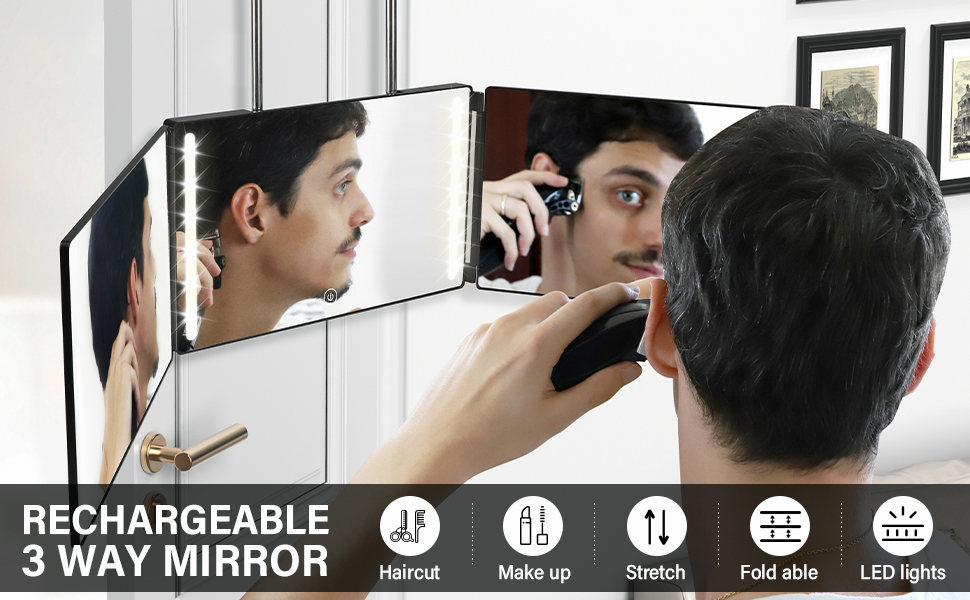 3 Way Mirror with LED Lights, 360 Mirror Self Cut Hair, Back View