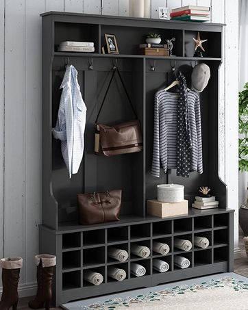 entry bench with storage and coat hooks