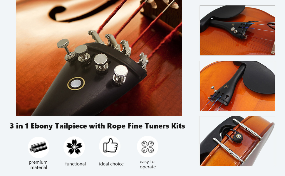 Violin Tailpiece, 3 in 1 Ebony Tailpiece with Rope Fine Tuners Kits for
