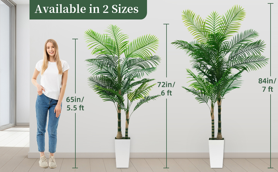 Comparison of two sizes of artificial golden cane palm tree