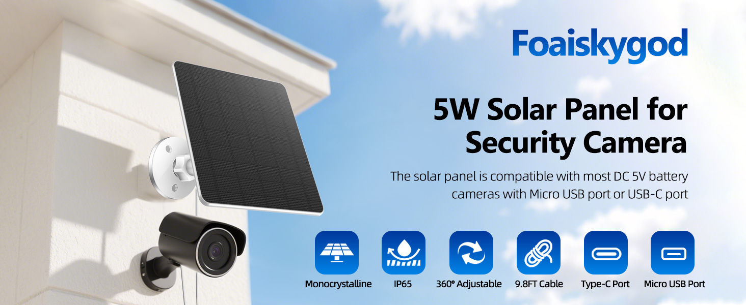 Solar Panel Solar Panels for Security Camera DC 5V Micro USB-C IP66 Waterproof Panel Outdoor Panels
