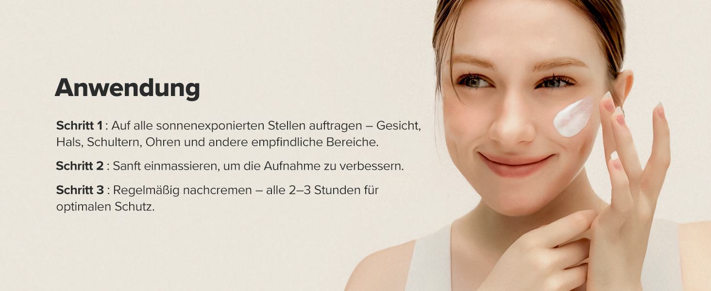 Der Text lautet „Anwendung“, gefolgt von deutschen Anwendungshinweisen. Das Bild zeigt die Demonstration der Anwendung von Hautpflegeprodukten.