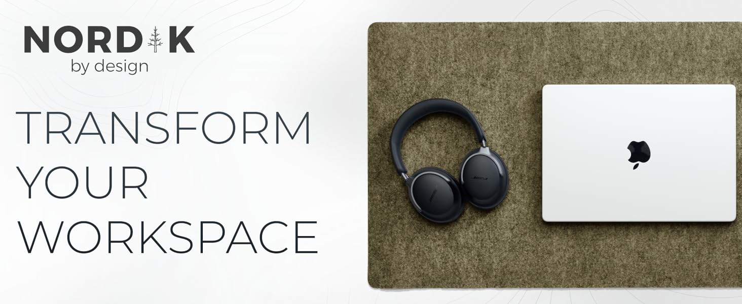 macbook laptop on timber moss green felt mat with bose headphones - transform your workspace