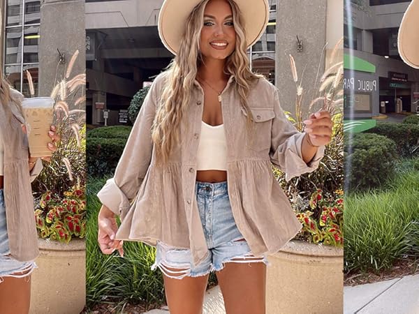 JINZHAO Womens Corduroy Peplum Shirts Tops Cute Long Sleeve