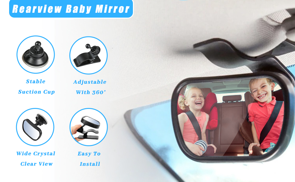 Baby Essentials Deals Rukie Baby Car Mirror - Quick And Easy To Install, Wide Crystal Clear View, Shatterproof, 360 Rotation, Rear Facing Hook Clip Design Rotating Car Seat
