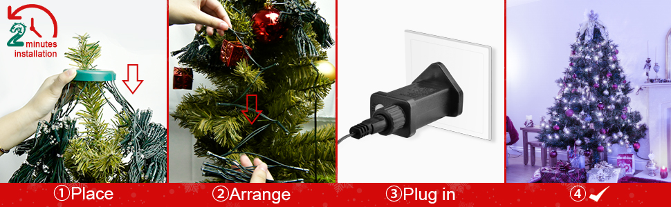 Four-step guide for installing Christmas tree lights: place lights, arrange branches, plug in, and enjoy the illuminated tree.