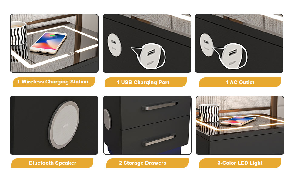 Black Nightstand with Charging Station, Floating Nightstand