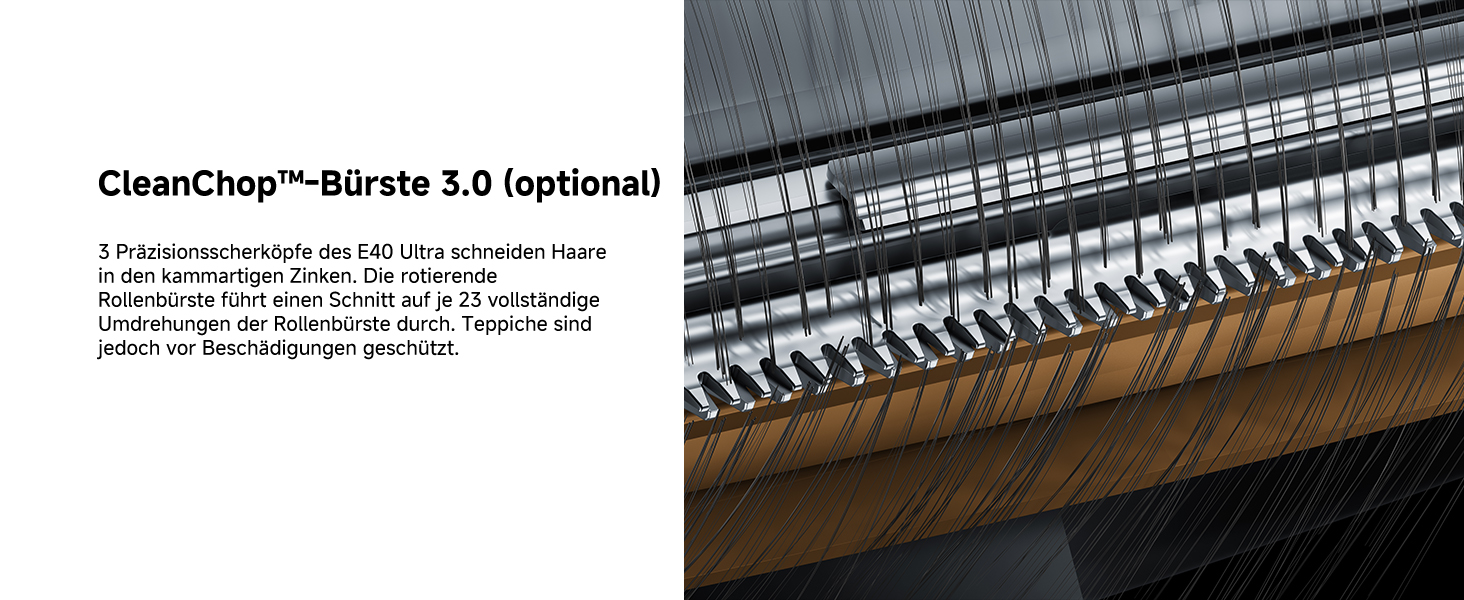 Der Text lautet „CleanCrop™ -Bürste 3.0 (optional)“. Nahaufnahme von Industriemaschinen mit detaillierten Komponenten des Bürstenmechanismus.