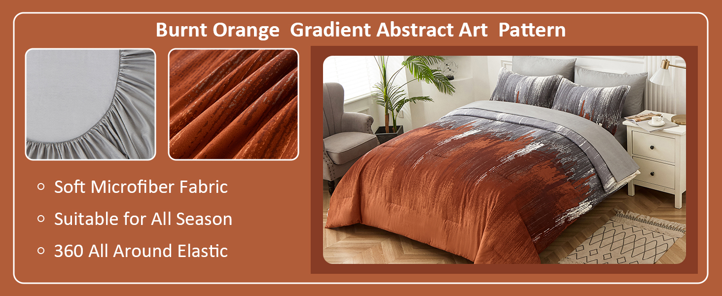 WONGS BEDDING Comforter Set King, Thanksgiving Burnt Orange 7 Pieces Bed in a Bag Abstract Gradient Soft Microfiber Fall Terracotta Bedding Set with Flat Sheet, Fitted Sheet, Pillow Shams, Pillowcases Burnt Orange Comforter