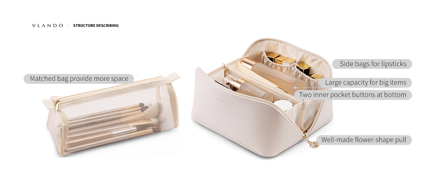 Vlando Travel Cosmetic Bag Makeup Bag, PU Leather Waterproof Cosmetic