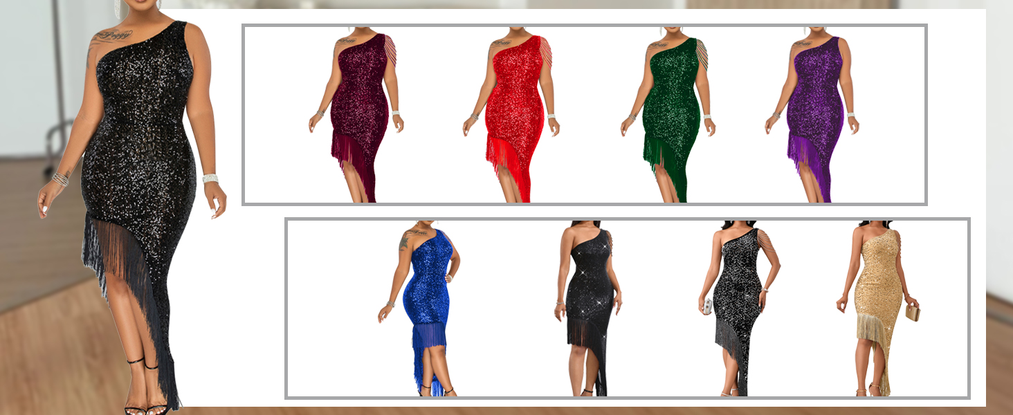 Cololura Sexy Elegant Women Sequin Tassel Midi Evening Gown Formal Dress