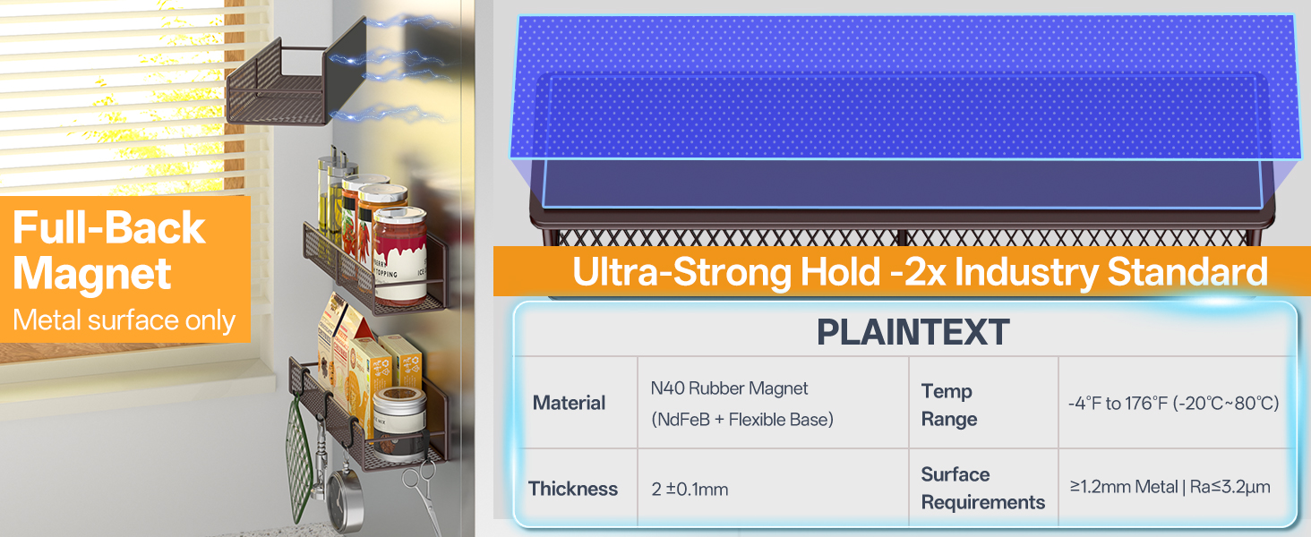 Magnetic Spice Rack for Refrigerator, 100% Metal Strong Magnet Shelf Black,Spice Organizer Storage 