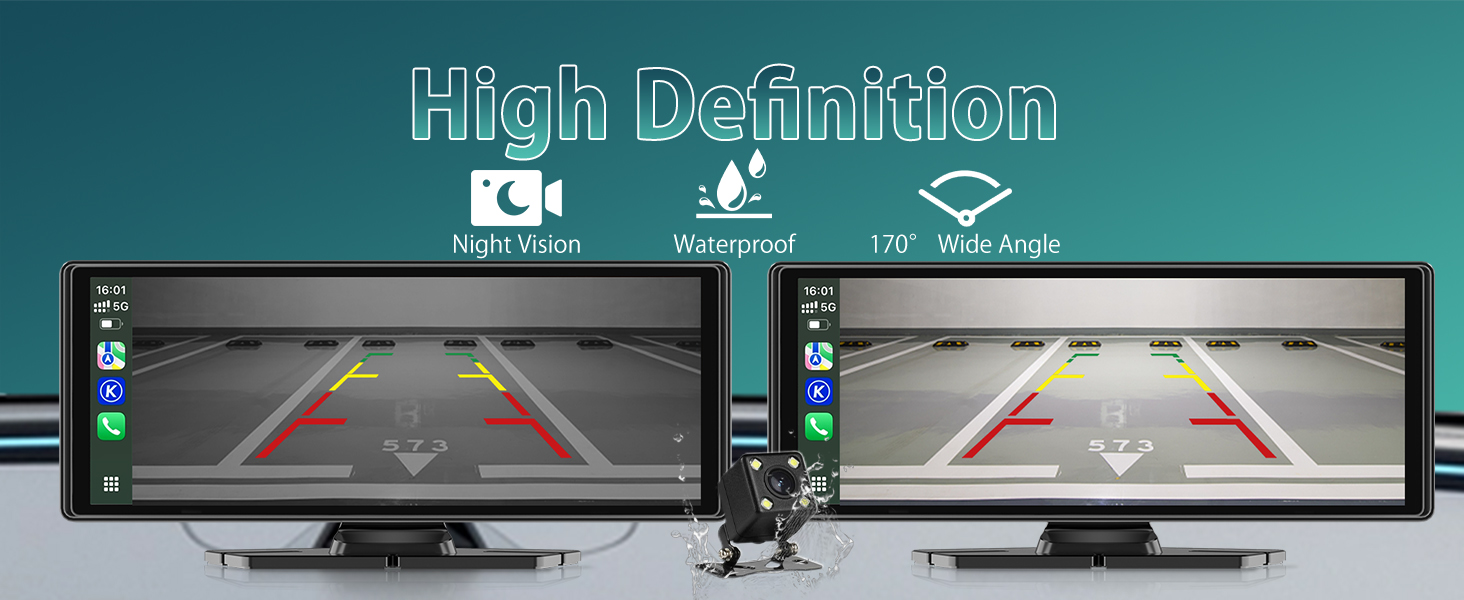 Text reads 'High Definition'. Series of parking assistance display screens showing rear view guidelines and parking space indicators in green.