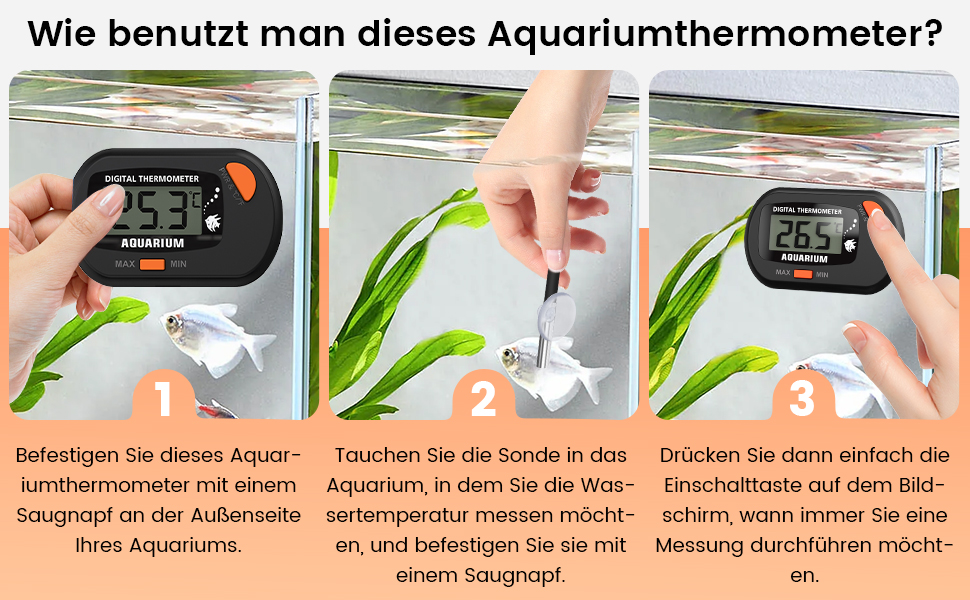 Bedienungsanleitung für das Aquariumthermometer. Drei Bedienfelder zeigen das Einführen der Sonde in das Wasser, das Berühren der Tasten und das Ablesen der Temperatur auf dem Digitaldisplay