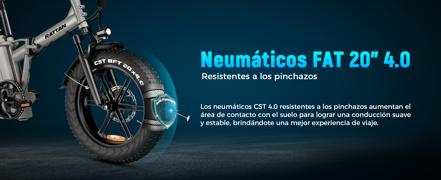 El texto dice «Neumáticos FAT 20" 4.0». La imagen muestra un primer plano de una rueda de bicicleta con neumáticos gruesos con un dibujo ancho y nudoso en la banda de rodadura, adecuado para la conducción todo terreno.