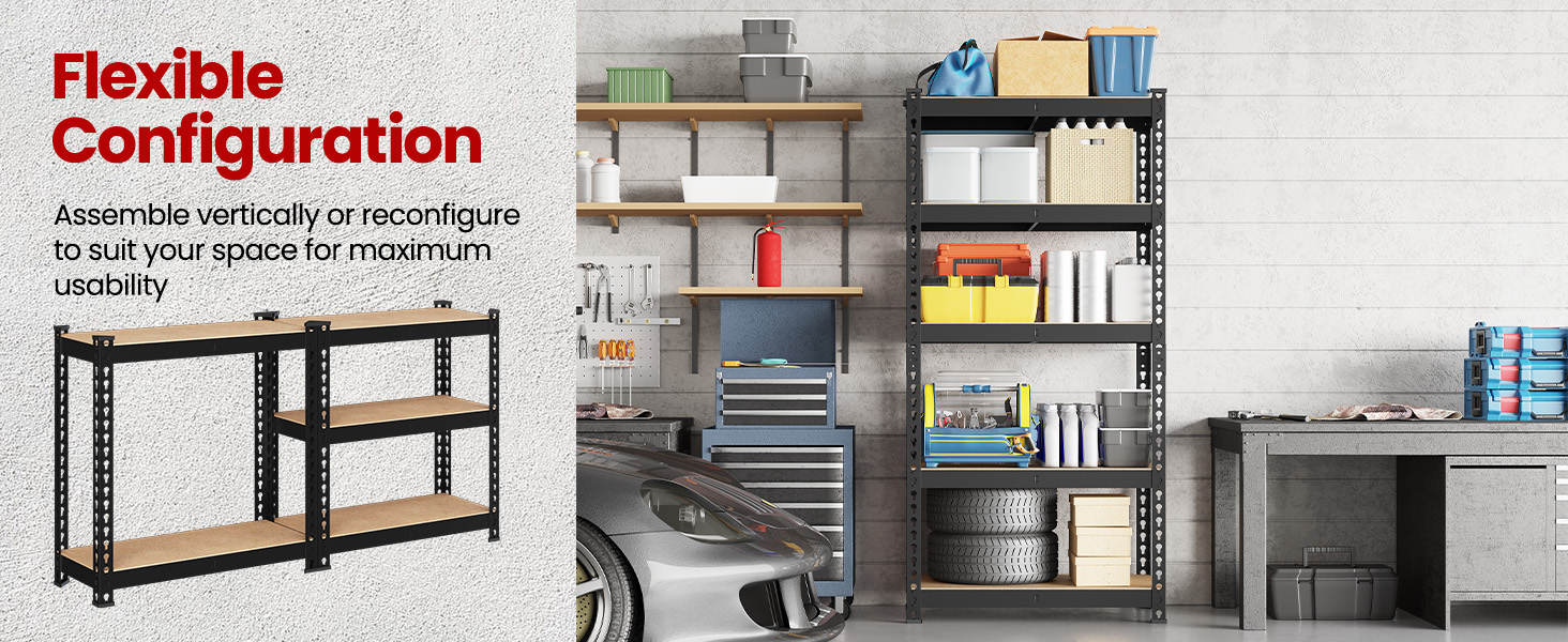 Text reads 'Flexible Configuration'. Storage and shelving systems shown in retail or office settings with various configuration options.