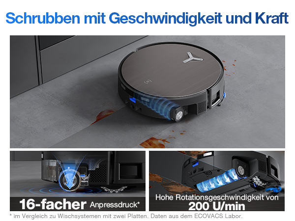 Der Text lautet „Schrubben mit Geschwindigkeit und Kraft“. Zeigt die Vorführung von Reinigungsgeräten, wobei der Schwerpunkt auf dem Schrubben liegt.