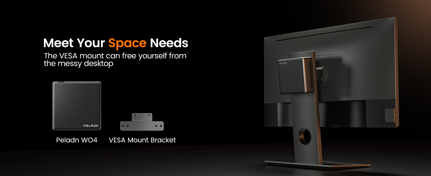 Mini PC Peladn WO4 montada detrás de un monitor con soporte VESA