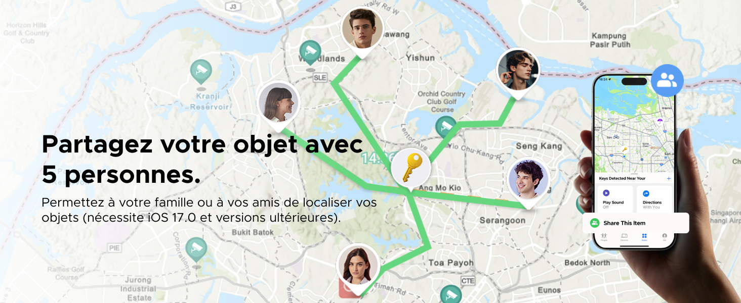 Le texte se lit comme suit : « Partagez votre objet avec 5 personnes ». Téléphone portable affichant une interface cartographique avec plusieurs icônes de profil