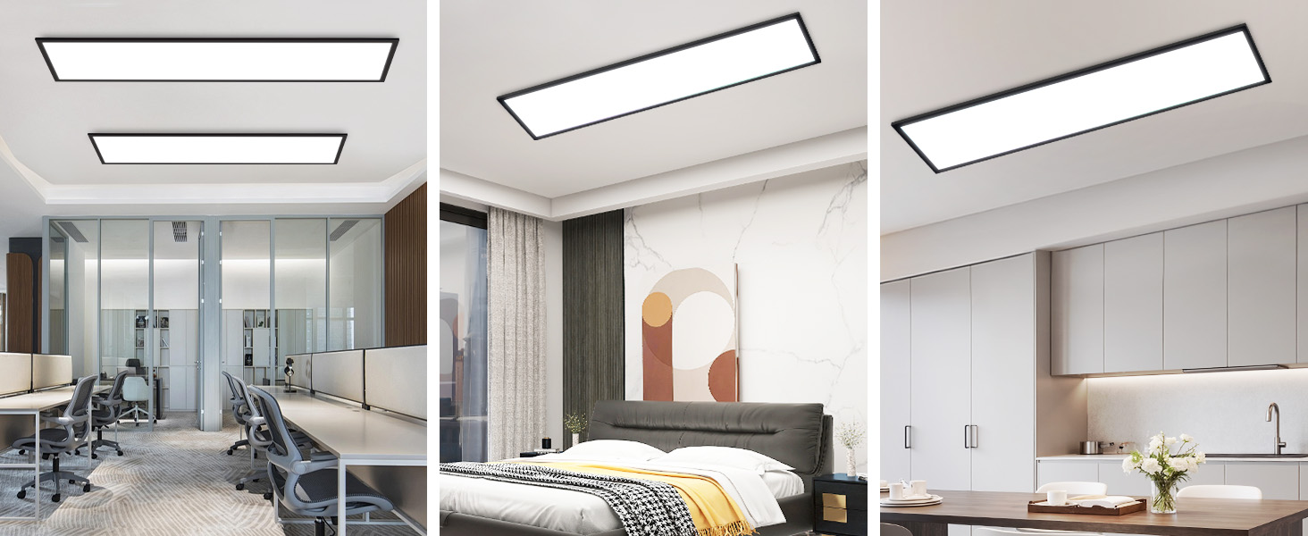 Drei Innenaufnahmen zeigen moderne rechteckige LED-Deckenpaneele in verschiedenen Räumen — Büroräumen, Schlafzimmer und Küche. Die Paneele zeichnen sich durch sauberes weißes Licht und ein minimalistisches Design aus.