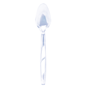 A single disposable clear plastic spoon utensil