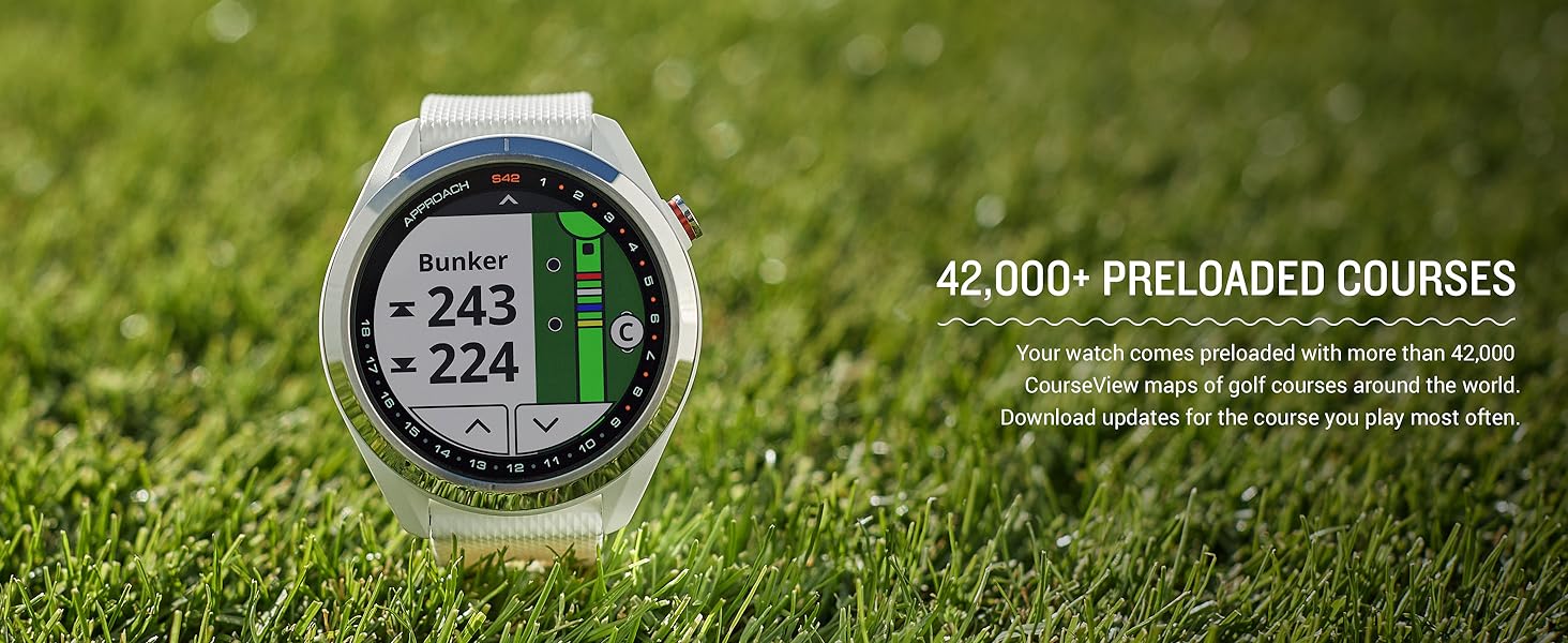 Approach S42 gps watch with a golf course map on it.