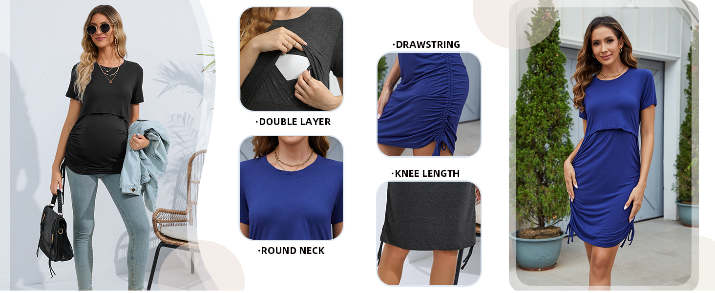 Sosolism 4 in 1 Women's Maternity Nursing Dress for Breastfeeding Short Sleeve Side Drawstring Top