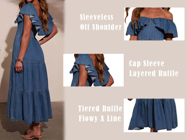 ワンピース Ruffled Shoulder Denim Midi Dress Womens Midi Denim Dress Sleeveless Tube Off Shoulder Ruffle
