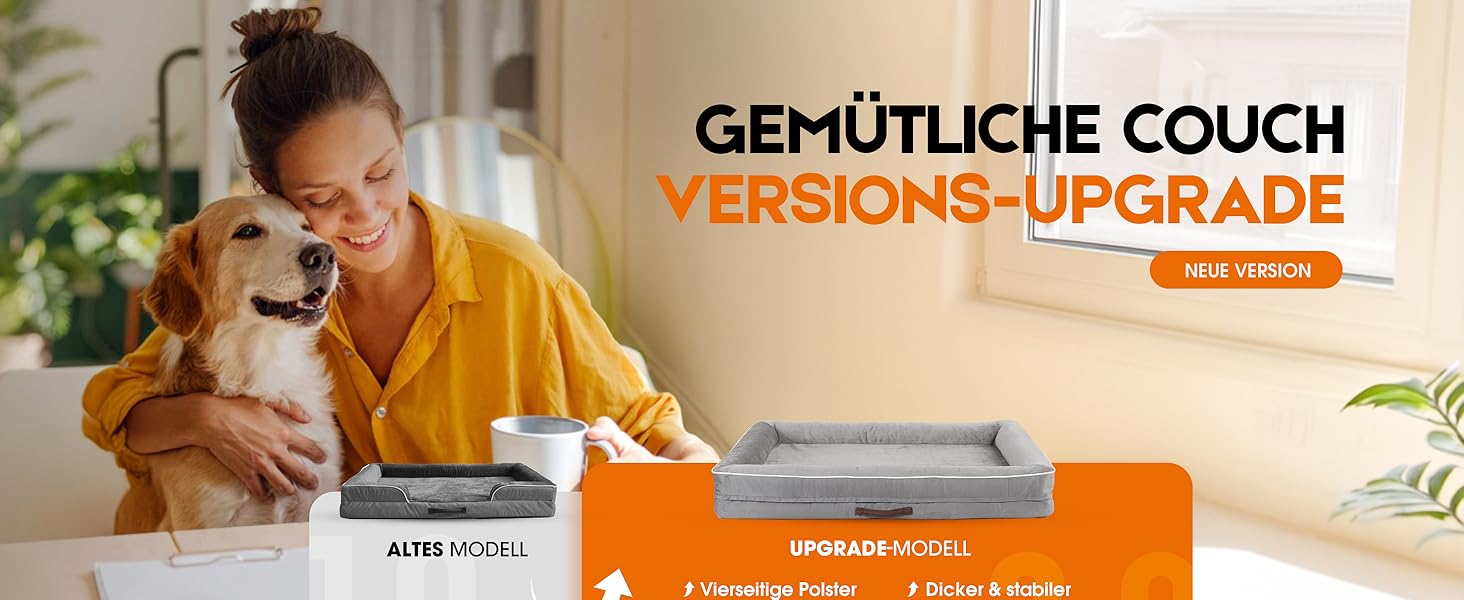 Der Text lautet „GEMÜTLICHE COUCH“. Inneneinrichtung, die die Platzierung des Produkts in einer Wohnzimmerumgebung mit warmer Beleuchtung zeigt.